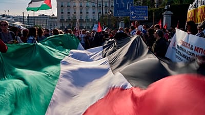 Thursday, April 30, 2026, during a rally to protest the interception of Gaza aid ships by Israeli forces near Greek waters. (AP Photo/Petros Giannakouris)