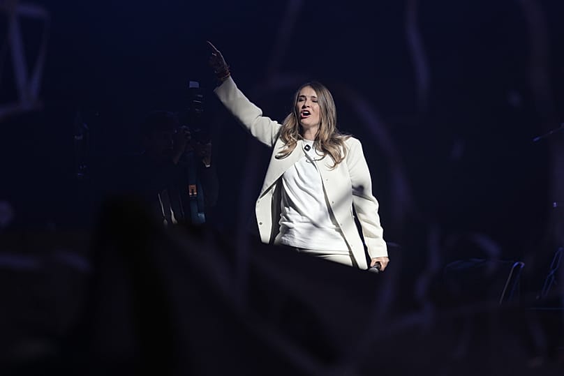 La candidata presidencial Paloma Valencia, del partido Centro Democrático, se dirige a sus simpatizantes durante un mitin de campaña en Bogotá, Colombia, el domingo 24 de mayo