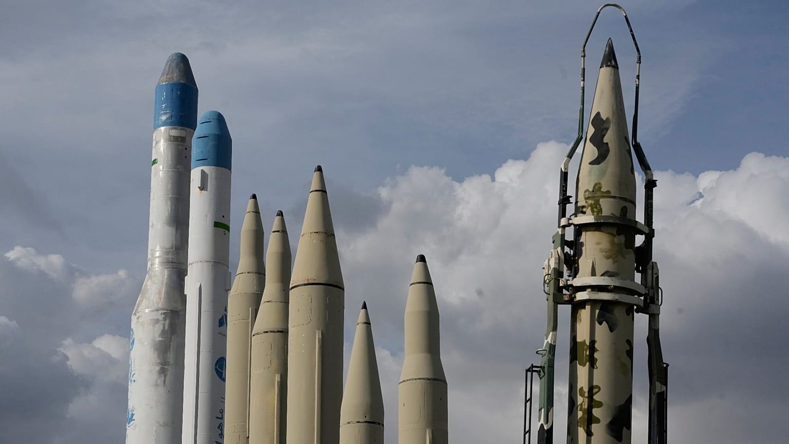 FILE: Iran's domestically built missiles and satellite carriers are displayed in a permanent exhibition at a recreational area in northern Tehran, Iran, 24 March 2026