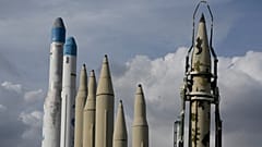 FILE: Iran's domestically built missiles and satellite carriers are displayed in a permanent exhibition at a recreational area in northern Tehran, Iran, 24 March 2026