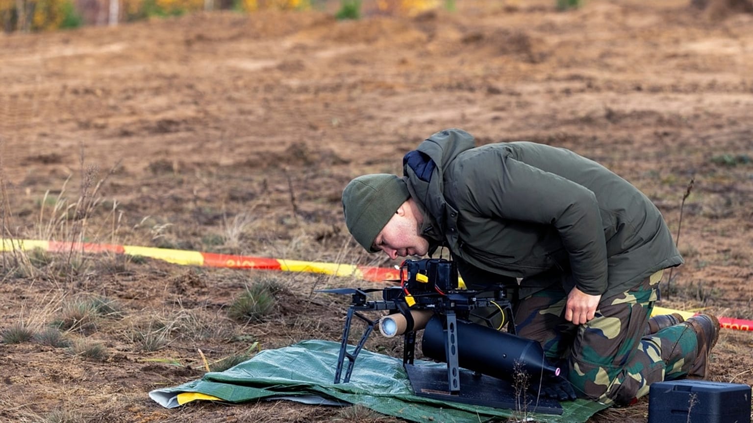 A Lithuanian soldier prepares a drone during the combined arms live fire military exercise 'Strong Griffon 2025' at a training range in Pabrade, north of the capital Vilnius