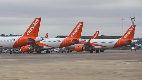 FILE. EasyJet planes parked on the tarmac at Luton Airport in Bedfordshire, England, March 2020