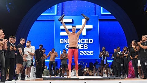 Greek swimmer Kristian Gkolomeev holds up his trophies during an award ceremony at the Enhanced Games in Las Vegas on 24 May 2026