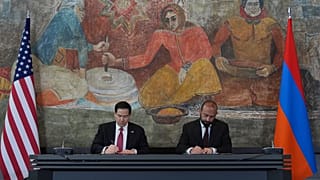 US Secretary of State Marco Rubio participates in a signing ceremony with Armenia's Foreign Minister Ararat Mirzoyan at Zvartnots International Airport in Yerevan, 26 May 2026