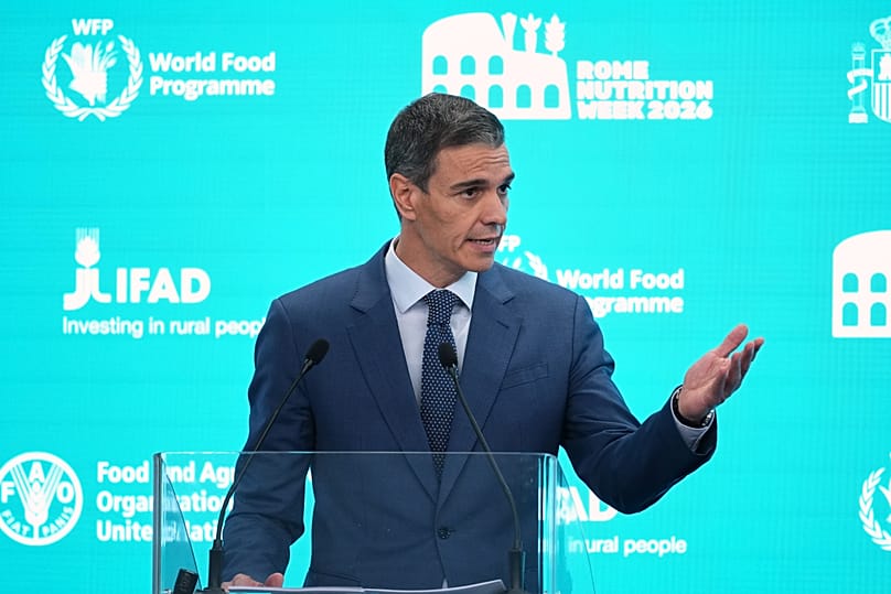 Spanish Premier Pedro Sanchez speaks at the UN Food and Agriculture Organization FAO headquarters.