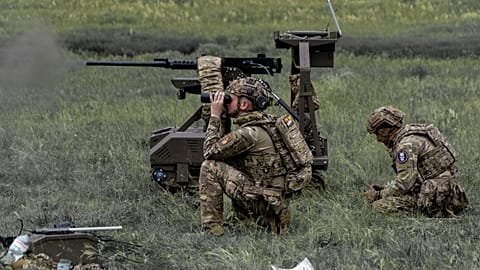 Ukrainian servicemen of the Cerberus Ground Unmanned Systems Company of the 60th Separate Mechanized Brigade, Third Army Corps, conduct a drill, Ukraine, May 24, 2026. 