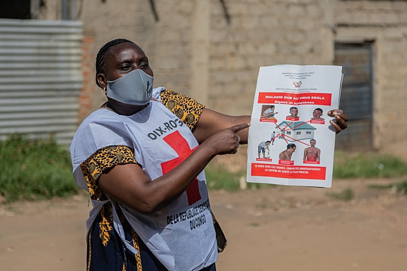 Vanny Birungi, a Red Cross volunteer, on a house-to-house sensitisation campaign amid the Ebola outbreak in Bunia, Congo, Monday, May 25, 2026.