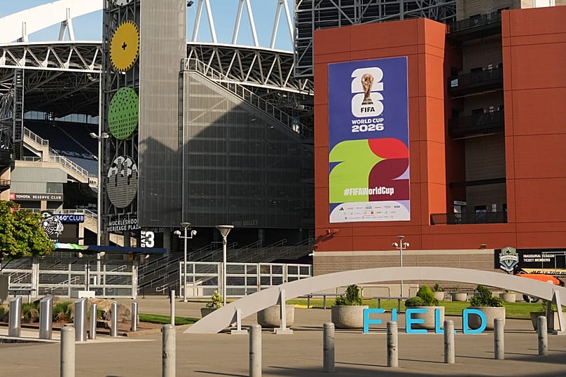 A Lumen Field sign is seen with "Lumen" removed, as preparations continue before the 2026 FIFA World Cup, Wednesday, May 20, 2026, in Seattle.
