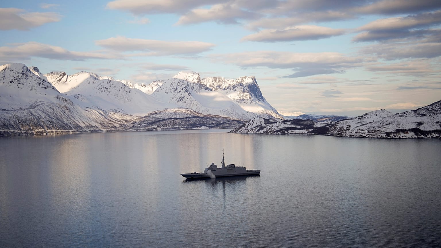 The French navy frigate Normandie patrols in a Norwegian fjord, north of the Arctic circle, Wednesday March 6, 2024.
