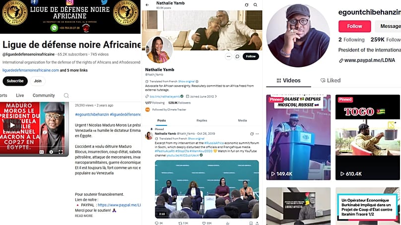 Capturas de ecrã de contas públicas de redes sociais associadas a indivíduos analisados no relatório da WHAT TO FIX.