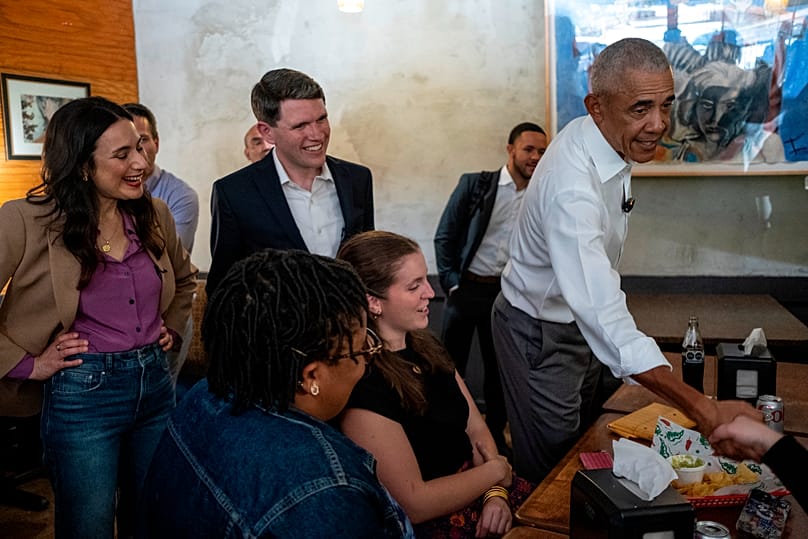 Texas state Rep. James Talarico, and former President Barack Obama visit the Taco Joint on May 12, in Austin. (AP Photo/Joel Angel Juarez, Pool)