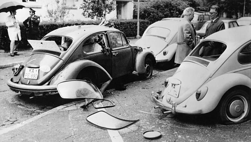Federal Judge Wolfgang Buddenberg's damaged car after an explosion carried out by the RAF, 15 May, 1972