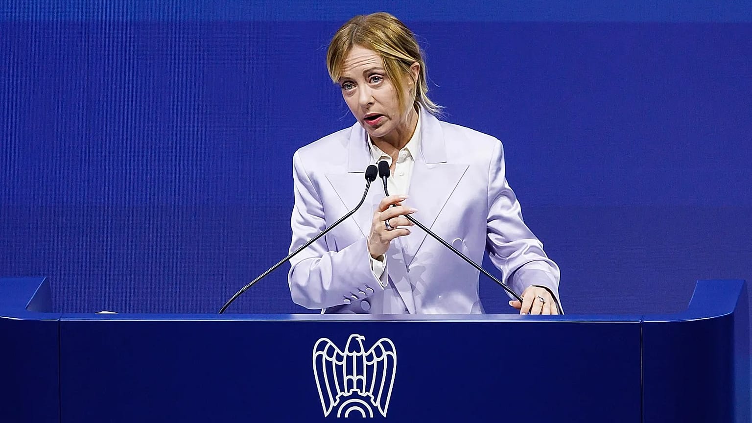 Italian premier Giorgia Meloni speaks at a Confindustria (Italian Industrialists Association) meeting in Rome, Tuesday, May 26, 2026.
