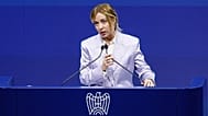 Italian premier Giorgia Meloni speaks at a Confindustria (Italian Industrialists Association) meeting in Rome, Tuesday, May 26, 2026.