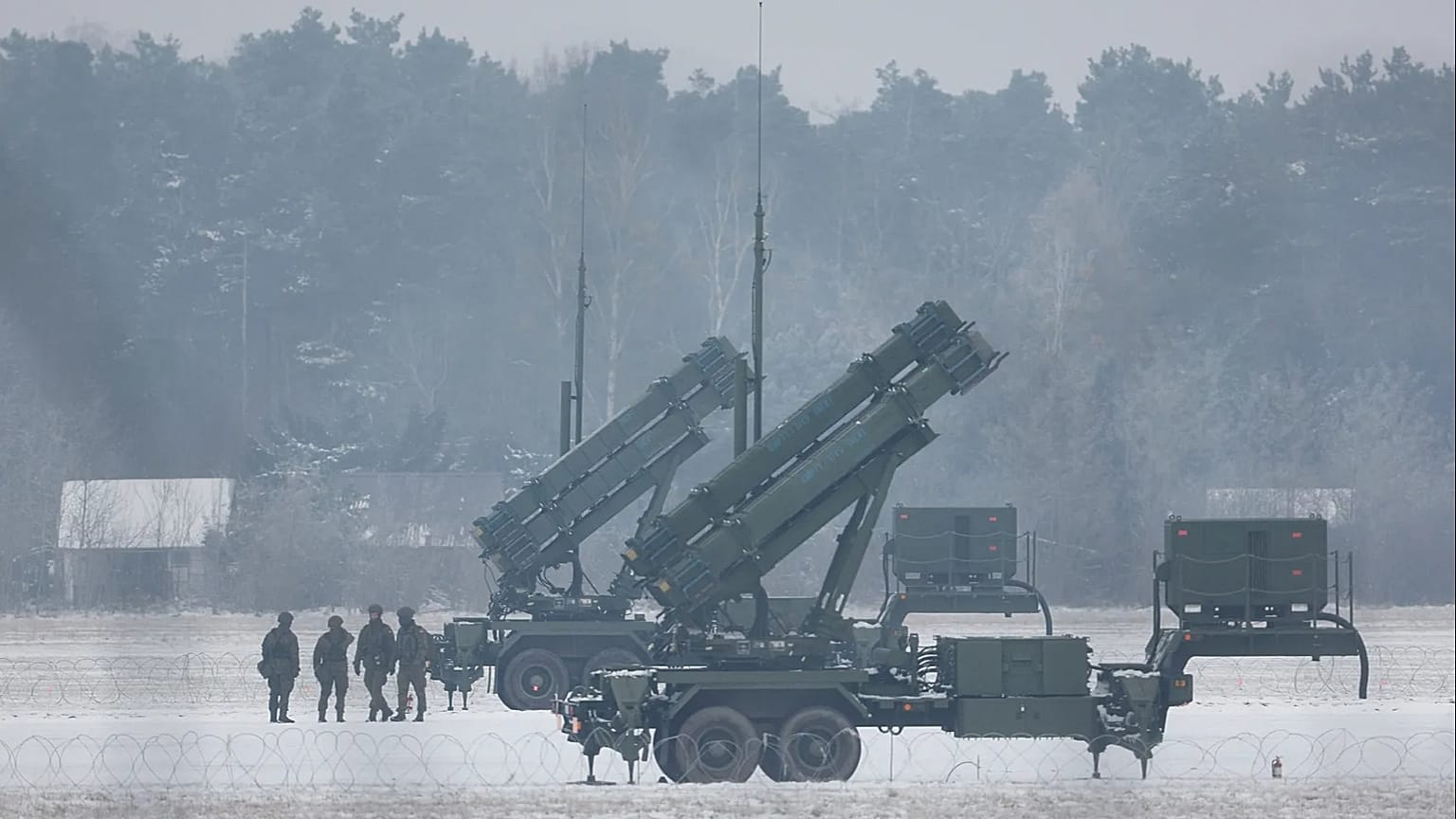 Patriot missile launchers acquired from the US seen deployed in Warsaw, 6 February, 2023