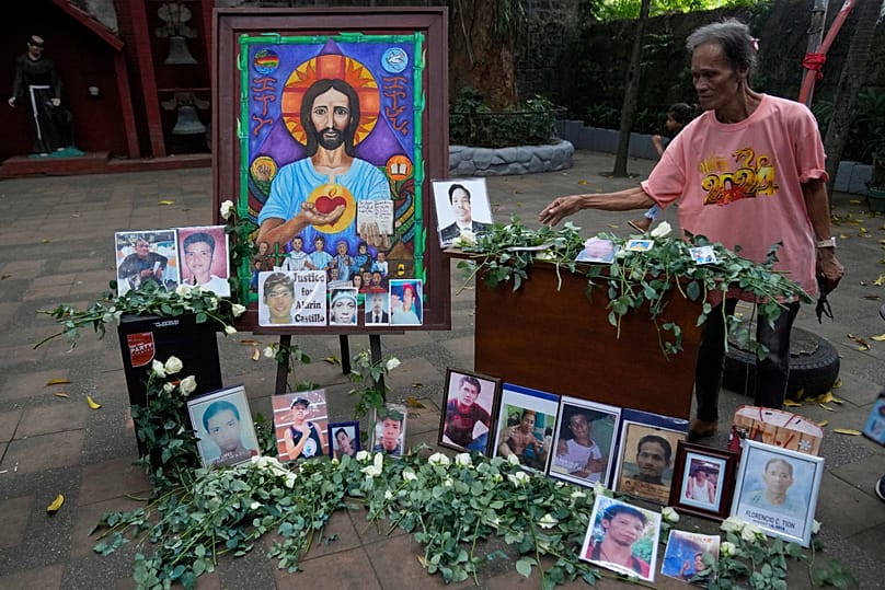Pictures of victims of former Philippine President Rodrigo Duterte's "war on drugs" during a thanksgiving mass at a church in Quezon City, 31 March, 2025