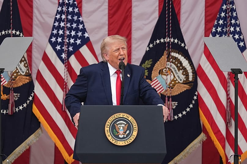 US President Donald Trump speaks during the 158th National Memorial Day Observance at the Memorial Amphitheatre in Arlington, 25 May, 2026