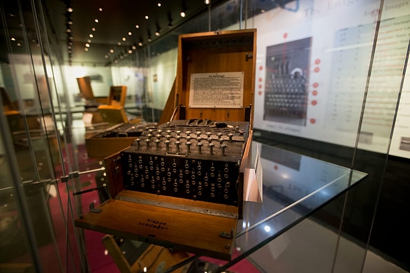 An Enigma machine is displayed at Bletchley Park museum in the town of Bletchley, 15 January, 2015 