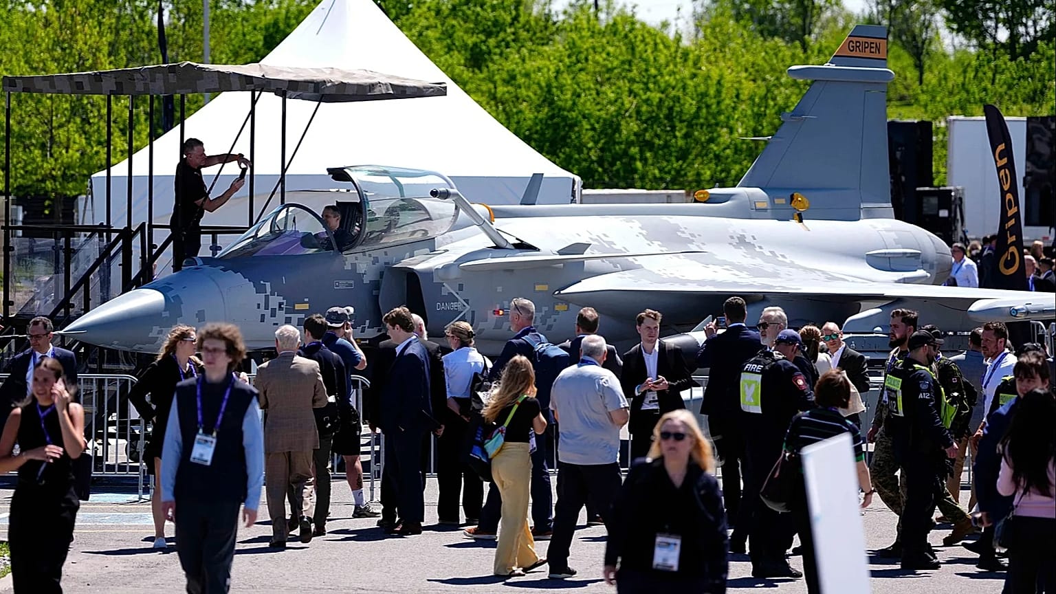 A Saab Gripen multirole fighter aircraft exhibited at the CANSEC defence industry trade show in Ottawa, 27 May, 2026