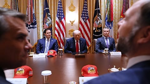 US President Donald Trump, next to Secretary of State Marco Rubio,and Secretary of Defence Pete Hegseth, speaks during a Cabinet meeting at the White House, 27 May 2026