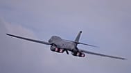 A US B1 Lancer bomber takes off from RAF Fairford, England, Thursday, March 26, 2026. (AP Photo/Alastair Grant)