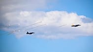 Swedish Air Force Gripen jets release flares during Exercise Aurora 26 at Väddö Military Training Area in Stockholm, 5 May, 2026