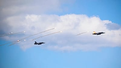 Swedish Air Force Gripen jets release flares during Exercise Aurora 26 at Väddö Military Training Area in Stockholm, 5 May, 2026