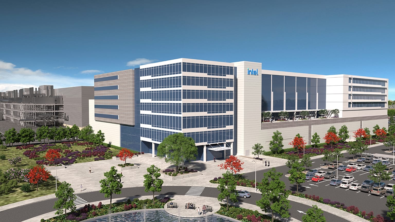 A rendering showing early plans for two new Intel processor factories in Magdeburg, Germany. Announced in March 2022, the plans were cancelled in July 2025.