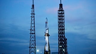 A Blue Origin New Glenn rocket stands ready for launch at the Cape Canaveral Space Force station in Cape Canaveral, Fla., April 18, 2026.