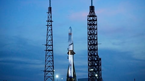 A Blue Origin New Glenn rocket stands ready for launch at the Cape Canaveral Space Force station in Cape Canaveral, Fla., April 18, 2026.