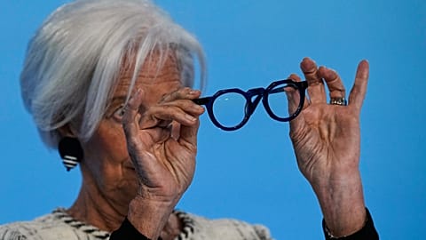ECB President Christine Lagarde watches her glasses during a press conference after a governing council meeting in Frankfurt, Germany, 30 April 2026