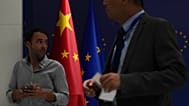 Journalists wait for a press conference of European Commission President Ursula von der Leyen in Beijing, Thursday, July 24, 2025.