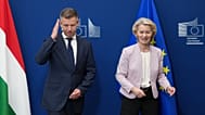 European Commission President Ursula von der Leyen, right, greets Hungary's Prime Minister Peter Magyar prior to a meeting at EU headquarters in Brussels, Friday, May 29, 2026