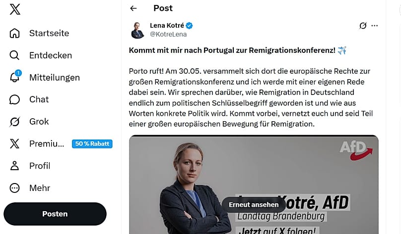 Lena Kotré kündigt Auftritt beim rechtsextremen Remigrationsgipfel in Portugal an
