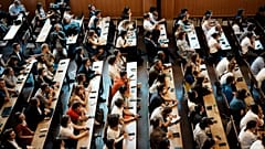 Φοιτητές της Sciences Po παρακολουθούν εικονική ομιλία του Ουκρανού προέδρου Βολοντίμιρ Ζελένσκι, στο Παρίσι, στις 11 Μαΐου 2022.