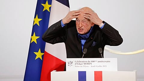 French philosopher and sociologist Edgar Morin delivers a speech at the Élysée Palace in Paris on Thursday 8 July 2021, to mark his 100th birthday.