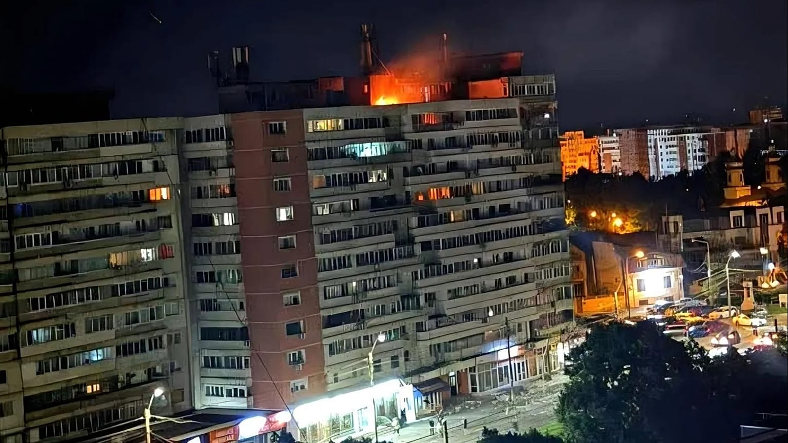 A fire on top of a block of flats after a drone crash caused an explosion and fire on impact, in Galati, eastern Romania near the Ukrainian border, Friday May 29, 2026.
