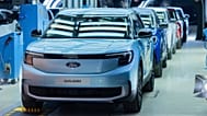 Ford Explorer electric cars stand in the hall at the start of production, in Cologne, Germany, Tuesday June 4, 2024. This is the first electric car produced by Ford in Europe.
