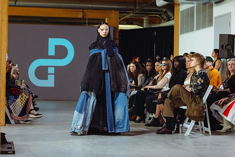 A model wears a piece from Samah Sulyman's Jeu Due Denim collection at Fashion Art Toronto.