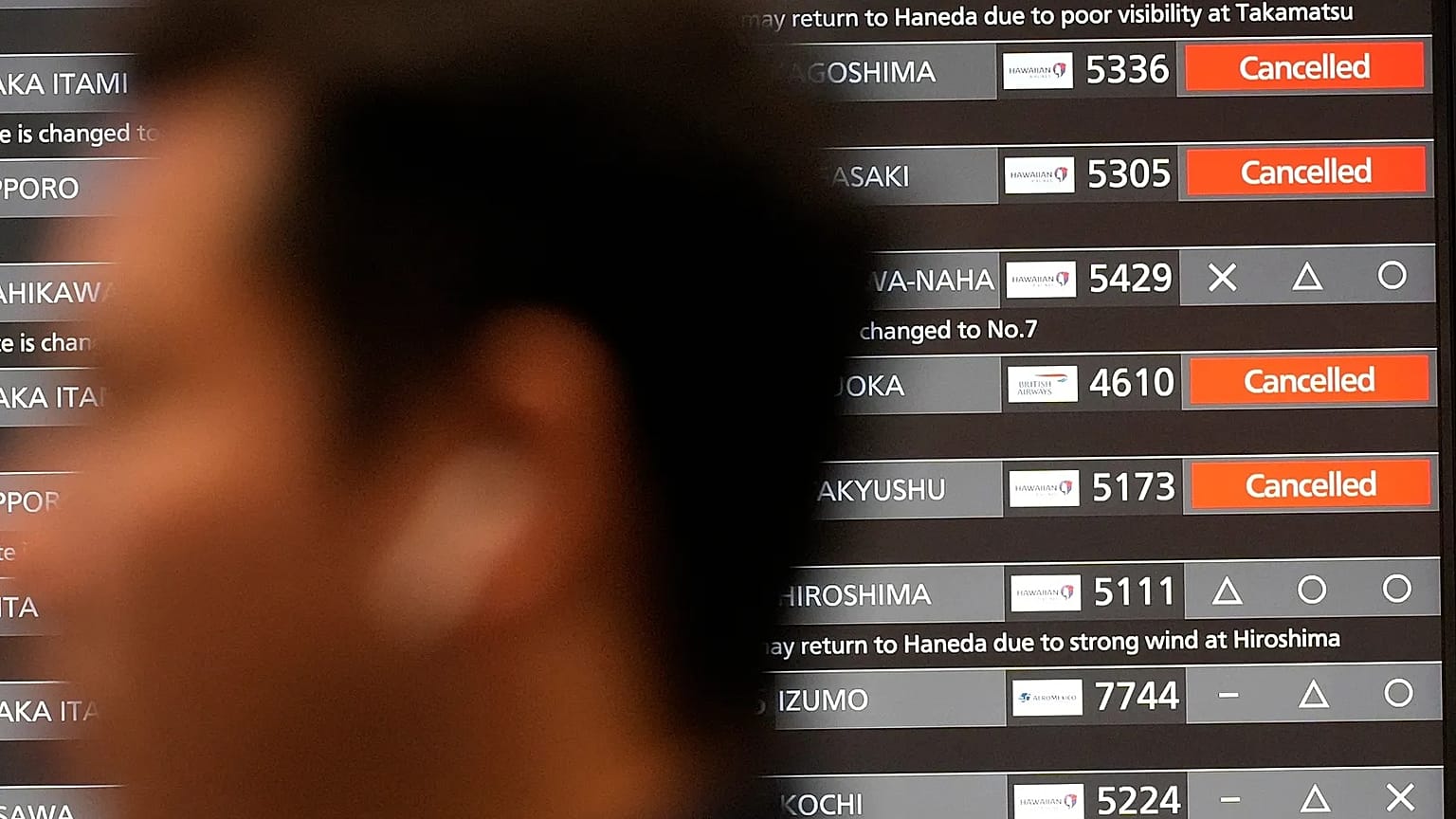 A departing flight information board shows that some flights were canceled due to an approaching Typhoon Shanshan at Haneda airport, 29 August, 2024