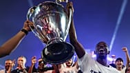 Paris Saint-Germain's Ousmane Dembele holds the trophy at Parc des Princes in Paris, France, Sunday, May 31, 2026, 