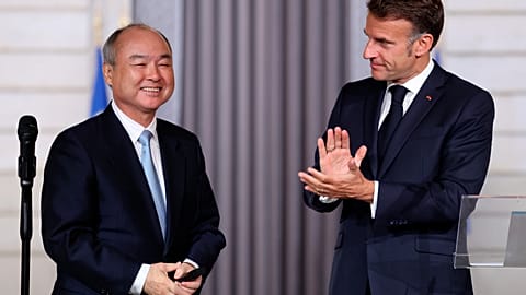 France's President Emmanuel Macron, and Masayoshi Son, Chairman and CEO of SoftBank Group, after a joint statement at the Elysee Presidential Palace in Paris. 1 June 2026