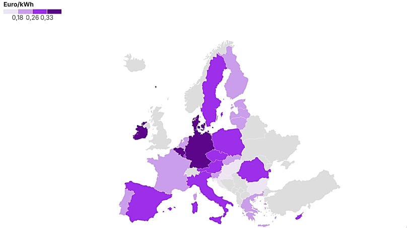 Mapa que mostra os preços da eletricidade na UE. 