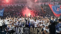 PSG players celebrate at the Parc des Princes stadium in Paris on Sunday 31 May 2026.  