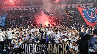 PSG players celebrate at the Parc des Princes stadium in Paris on Sunday 31 May 2026.  