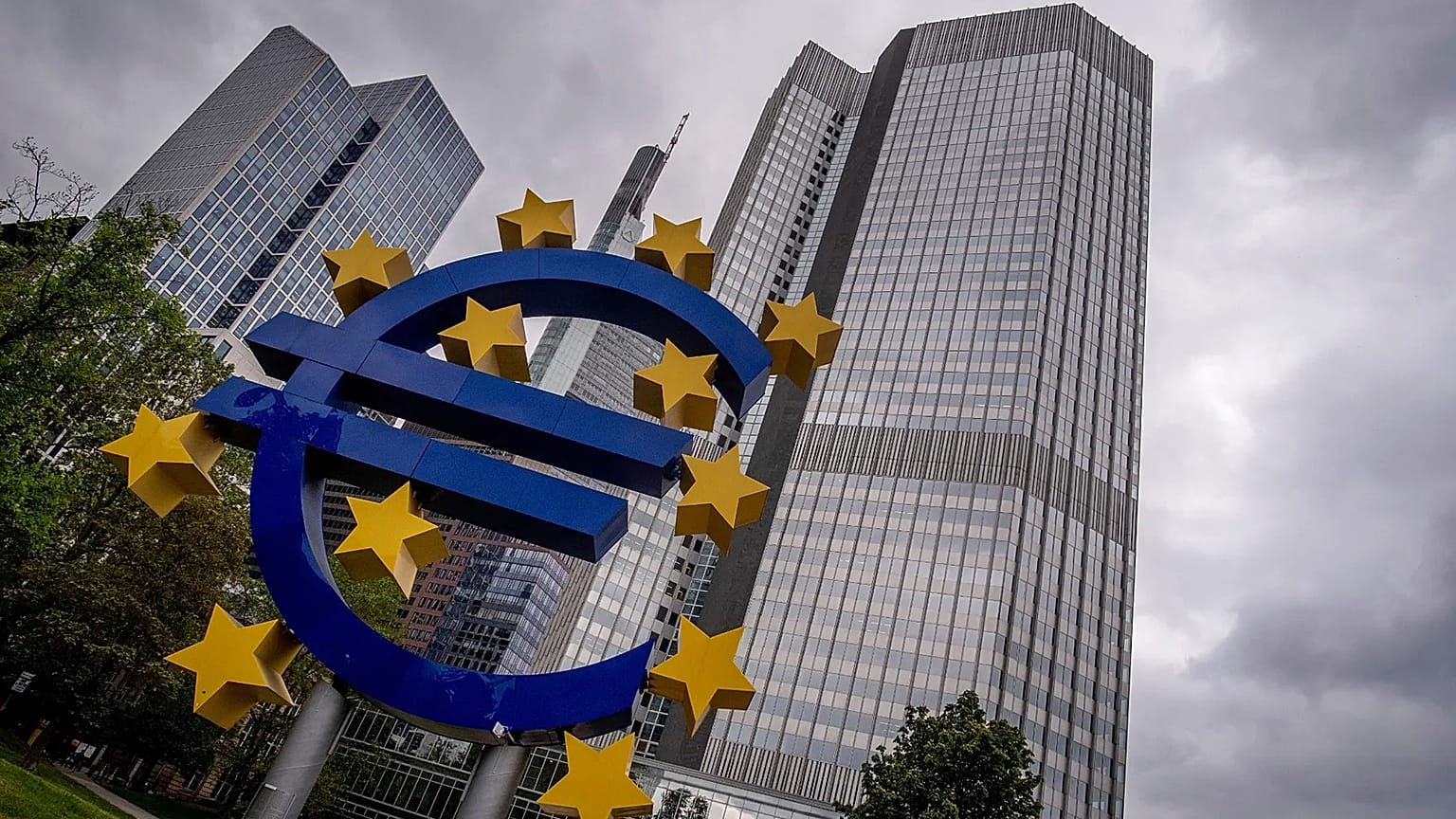 The Euro sculpture stands in front of the former headquarters of the European Central Bank (ECB) in Frankfurt, Germany