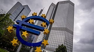 The Euro sculpture stands in front of the former headquarters of the European Central Bank (ECB) in Frankfurt, Germany