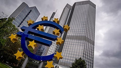 The Euro sculpture stands in front of the former headquarters of the European Central Bank (ECB) in Frankfurt, Germany
