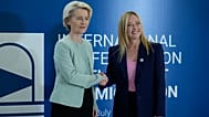 European Commission President Ursula von der Leyen and Italian Prime Minister Giorgia Meloni attending an international conference on migration in Rome, Sunday, July 23, 2023