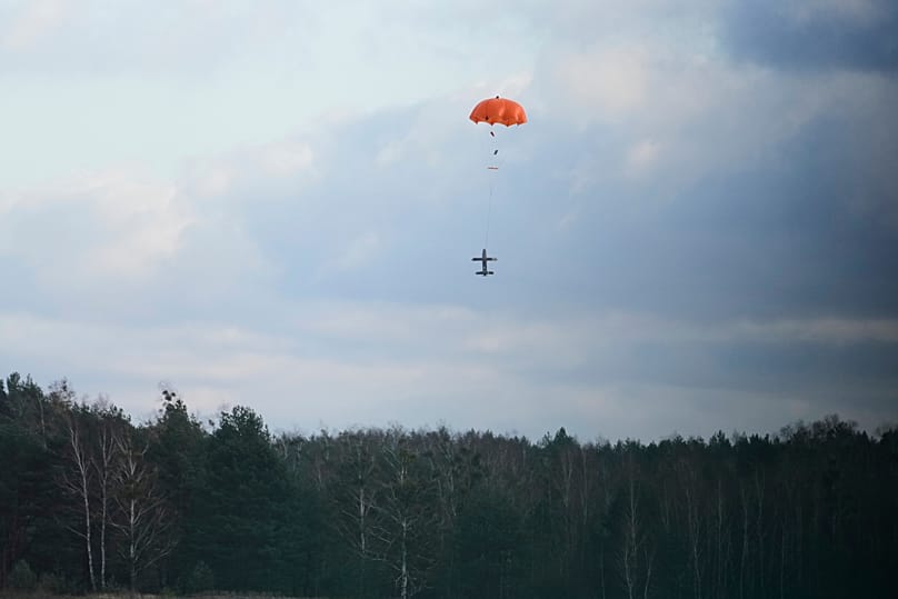 The American Merops drone system, deployed by Poland and Romania to defend Russian drones, is tested in Nowa Deba, Poland, November 18, 2025.